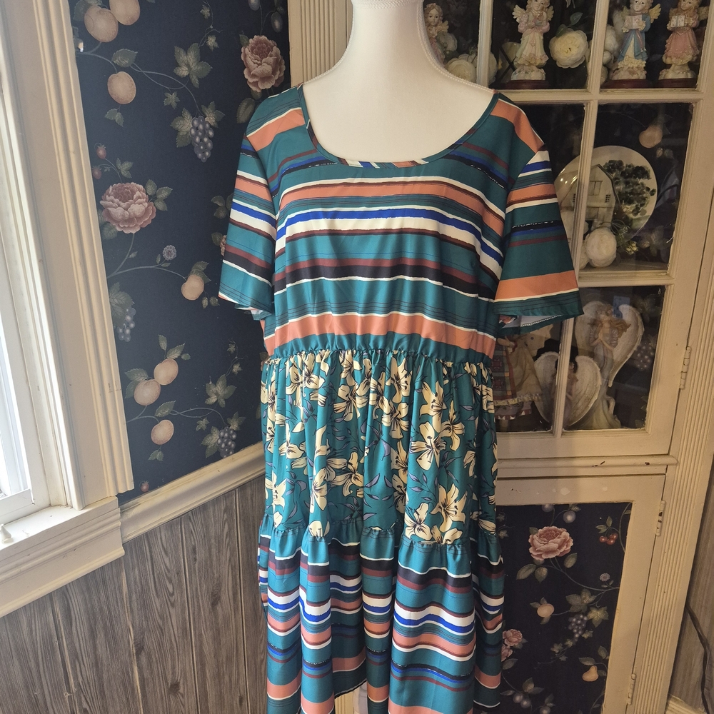 SHEIN Teal Striped & Floral Midi Dress with Coral and Navy